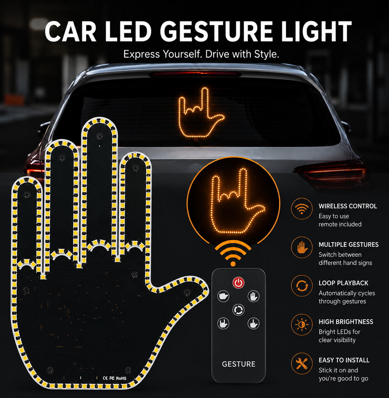 Wireless LED Car Gesture Light with Remote Control