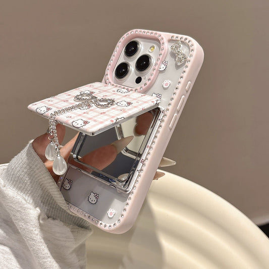 Pink Kitty Bow Phone Case with Mirror Holder