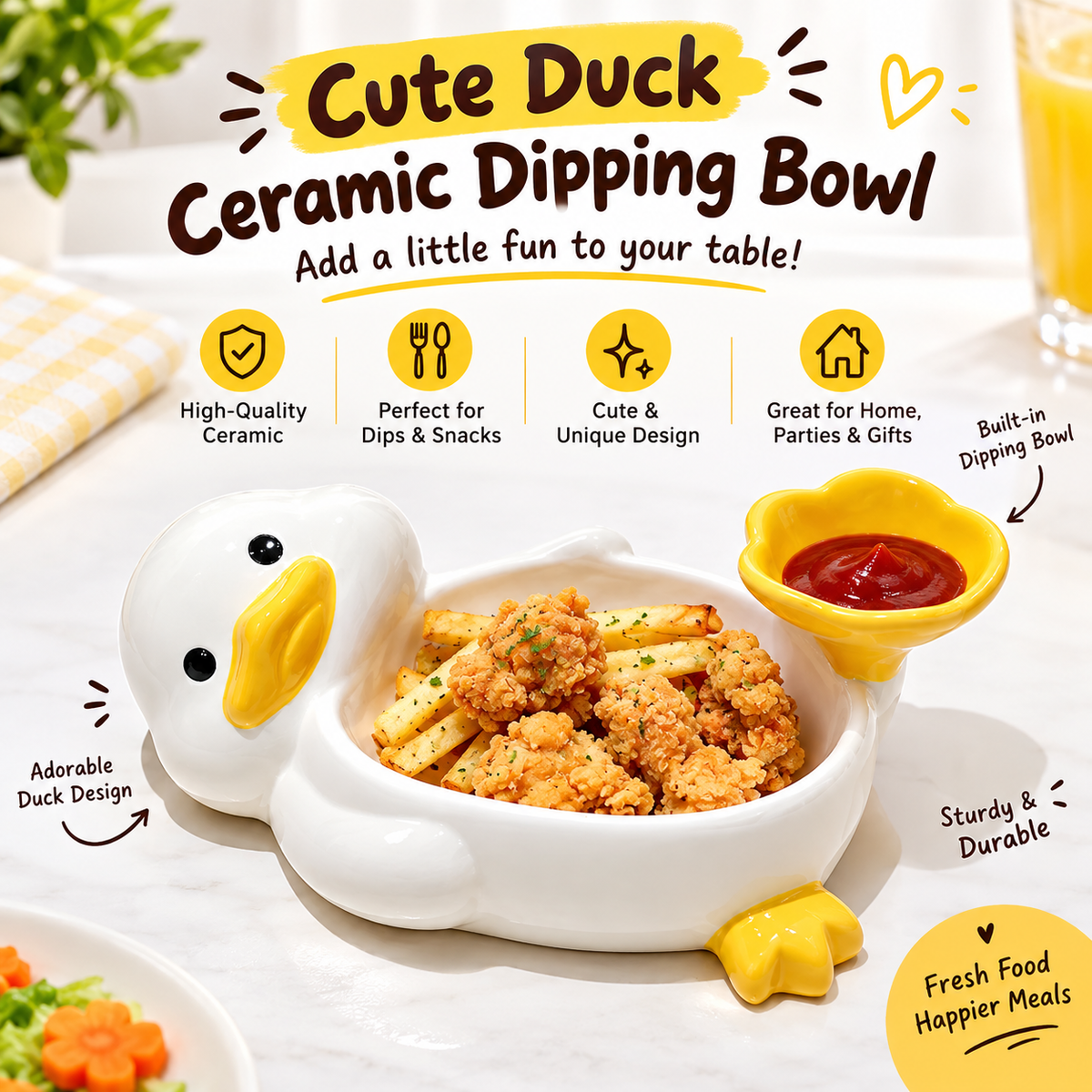 Cute Duck Ceramic Snack & Dipping Bowl
